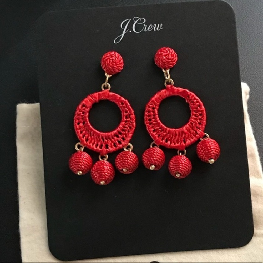 J. Crew Red Raffia Wrapped Triple Drop Earrings - Picture 2 of 3
